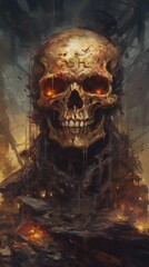 Pagan worship effigy to ward of disease, evil and death, macabre warning of danger and horror past this point, ritual burning flames consumes the giant skeleton skull - generative AI