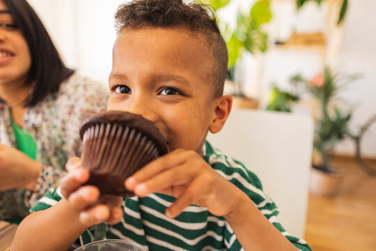 Boy eating chocolate cupcake at home