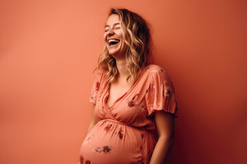 Fototapeta premium Expecting Happiness: Laughing pregnant woman on pastel red background with space for text. Copy space. Pregnancy and Motherhood concept - AI Generative