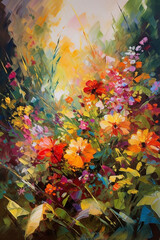 Naklejka na ściany i meble Blossoming Beauty: An Impressionist Painting of a Colorful Flower Garden in Bold Brushstrokes