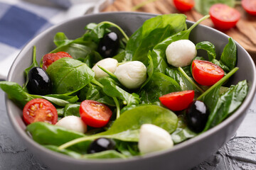 Obraz na płótnie Canvas Fresh salad with mozzarella cheese, tomato and spinach. Healthy dieting food.
