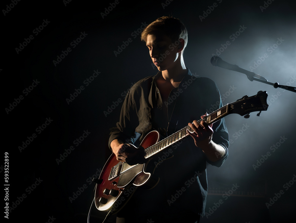 Aufkleber a man playing a guitar in front of a microphone. ai generative image