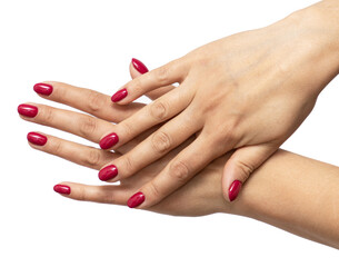 female hands with red manicure on a white background