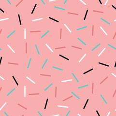 Abstract vector dash, Memphis style background with a big dash, pink background, white, black, birch, dark pink lines.