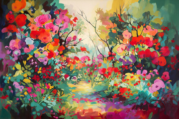 Obraz na płótnie Canvas Blossoming Beauty: An Impressionist Painting of a Colorful Flower Garden in Bold Brushstrokes