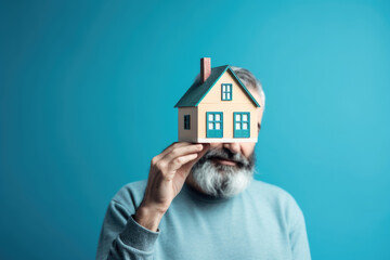 Fototapeta na wymiar Real Estate Investment. Happy owner holding miniature house on pastel blue background. Concept for buying or selling property. Copy space. AI Generative