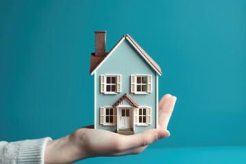 Fototapeta na wymiar Real Estate Investment. Hand holding miniature house on pastel blue background. Concept for buying or selling property. Copy space. AI Generative