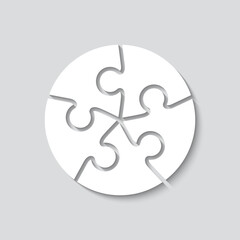 Puzzle grid in circle shape with 5 mosaic details. Jigsaw outline pieces cutting template. Scheme of thinking game. Modern background. Simple frame tiles. Vector illustration.