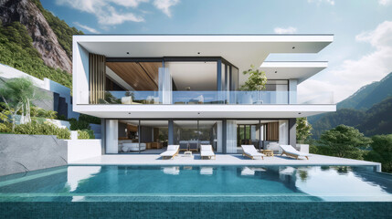 Luxurious villa with swimming pool in a modern minimalist style. Generative AI