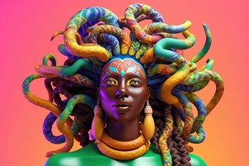 Obraz premium Medusa face with multicolored snakes as hair, created with generative ai