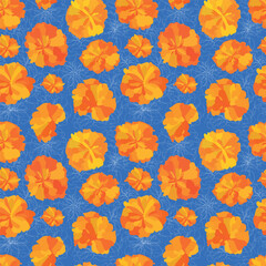   yellow marigold flower and white outline  on blue seamless pattern