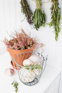 Garlic in metal basket with herbs hanging on wall