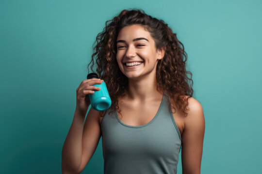 Personal Trainer Power: Fitness trainer with a smile performing exercises isolated on pastel blue background with space for text. Copy space. Health and wellness concept. AI Generative