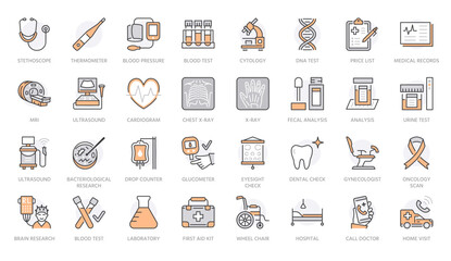 Medical diagnostic line icons. Mri, xray, ultrasound, glucometer, thermometer, cytology, dna test, laboratory and other medical analysis. Health care thin linear signs. Orange color. Editable Stroke - 593523808