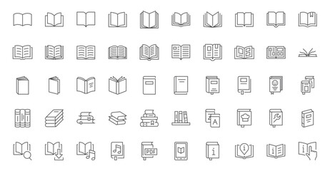Fototapeta Book line icons set. Open brochure, magazine, literature, dictionary, audiobook, learning, encyclopedia education, information reference vector illustration. Outline sign for library. Editable Stroke obraz