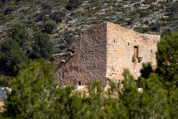 Castell de Sant Elm , Old hospital and defense tower, dating from the 14th century, Sant Elm, andratx coast, Majorca, Balearic Islands, Spain