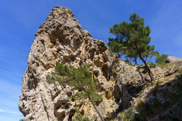 rocky spur in the pass of Cala Ferrera, Soller, Majorca, Balearic Islands, Spain