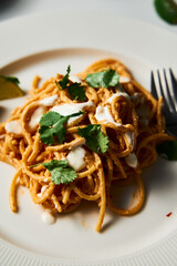 Plate with Mexican pasta. Pasta with tomato sauce with chilli puree, feta and cream cheese. Spaghetti macaroni boiled al dente and mixed with sauce