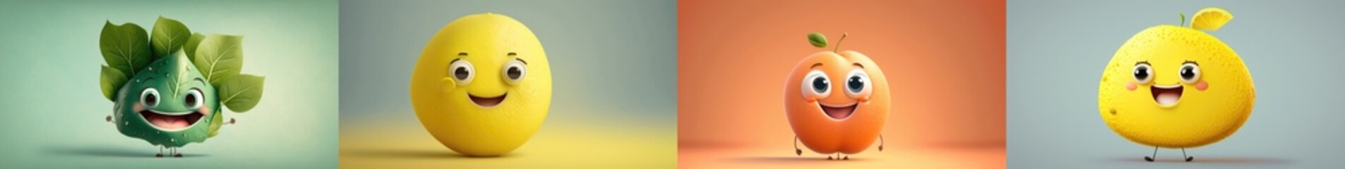 Happy smiling fruits cartoon characters package set, funny cute vegetables mix stickers personages icons trendy pack collection on color background, healthy organic diet food concept. AI generative.