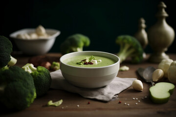 Obraz na płótnie Canvas Broccoli soup in white bowl on the wooden table