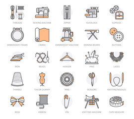Sewing equipment, tailor supplies flat line icons set. Needlework accessories - sewing embroidery machine, pin, needle, thread, zipper, hanger and other DIY tools. Orange color. Editable Stroke