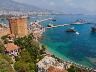 Fototapeta na wymiar Kizil Kule or Red Tower and port aerial panoramic view in Alanya city, Antalya Province on the southern coast of Turkey