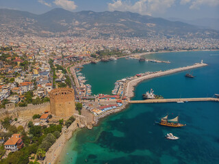 Obraz premium Kizil Kule or Red Tower and port aerial panoramic view in Alanya city, Antalya Province on the southern coast of Turkey