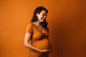 Expecting motherhood. Smiling pregnant woman. Solid color background with space for text. Copy space. Pregnancy concept AI Generative