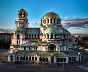 Fototapeta na wymiar St Alexander Nevsky Cathedral famous tourist location in Sofia, Bulgaria shot from above at sunset