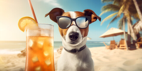 Urlaub mit Hund und Cocktail am Strand, generative AI