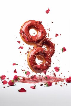 Donuts che cadono dall'alto insieme a dei petali di rosa, alta risoluzione, donuts rossi, rose. 