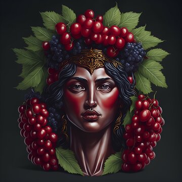 A Red Greek Goddess Head with Grapes on a Dark Background