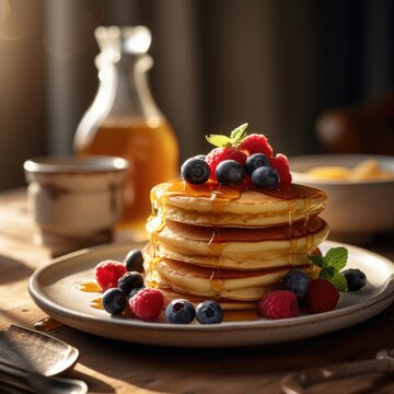 Pancakes con sciroppo e frutti di bosco, lamponi e mirtilli, su ripiano di legno. 