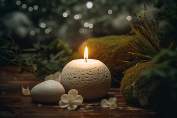 Fototapeta na wymiar Spa and health concept with candle and stones in nature background. Generative AI