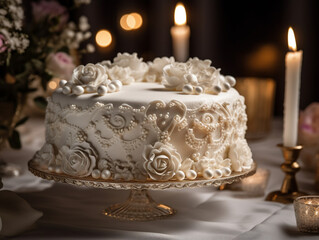 Obraz na płótnie Canvas A beautiful wedding cake with intricate frosting and decorations, ai generative