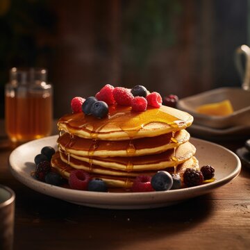 Pancakes, pancake con frutti di bosco e sciroppo. Alta risoluzione. 