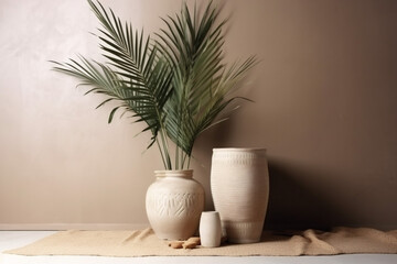 design palm wall vase home beige interior concrete tree decor shadows sunlight. Generative AI.