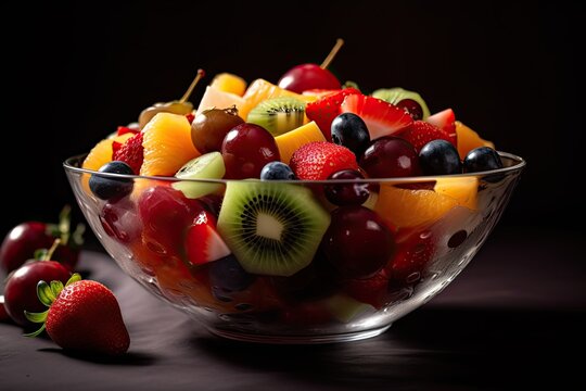 Macedonia di frutta fresca, piatto trasparente di vetro. Sfondo scuro. Alta risoluzione. 