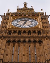 Long angle of the queen the Elizabeth Tower (Big Ben) under cloudy sky in London, England
