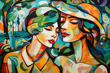 Summer Love: An Abstract Painting of Two Women Embracing in Warm Orange Hues