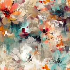 Beautiful abstract flowers with soft boho colors seamless pattern, created with generative AI