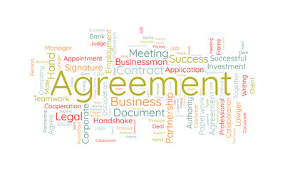 Word cloud background concept for Agreement. Corporate contract document, legal business collaboration of financial right. vector illustration.