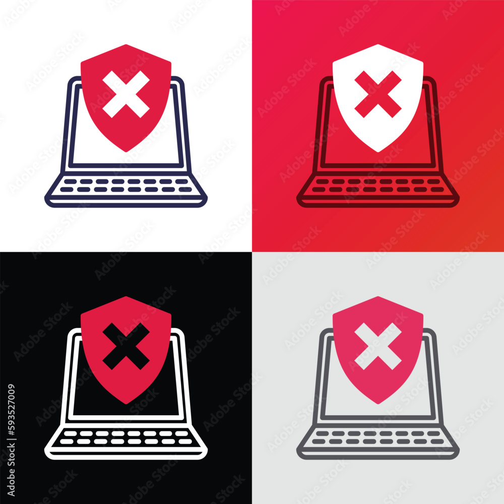 Poster protection enabled thin line icon. opened laptop is protected by shield with cross mark. vector illu