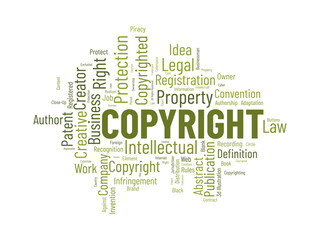 Word cloud background concept for Copyright. Intellectual property, legal trademark owner of business right. vector illustration.