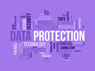 Word cloud background concept for Data protection. Digital security, network technology encryption of cyber cloud safety. vector illustration.