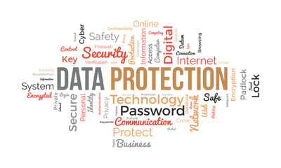 Word cloud background concept for Data protection. Digital security, network technology encryption of cyber cloud safety. vector illustration.