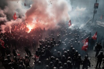 The scene shows a massive and spirited group of sports fans making their way down a street near the stadium, carrying flares and colored smoke in the colors of their club Generative AI