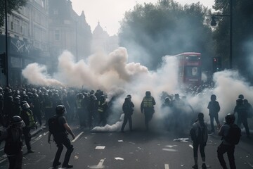The scene shows a massive and spirited group of sports fans making their way down a street near the stadium, carrying flares and colored smoke in the colors of their club Generative AI