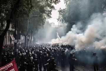 The scene shows a massive and spirited group of sports fans making their way down a street near the stadium, carrying flares and colored smoke in the colors of their club Generative AI