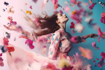 Obraz na płótnie Canvas flying woman colorful falling art spring flower person fashion peony beauty. Generative AI.